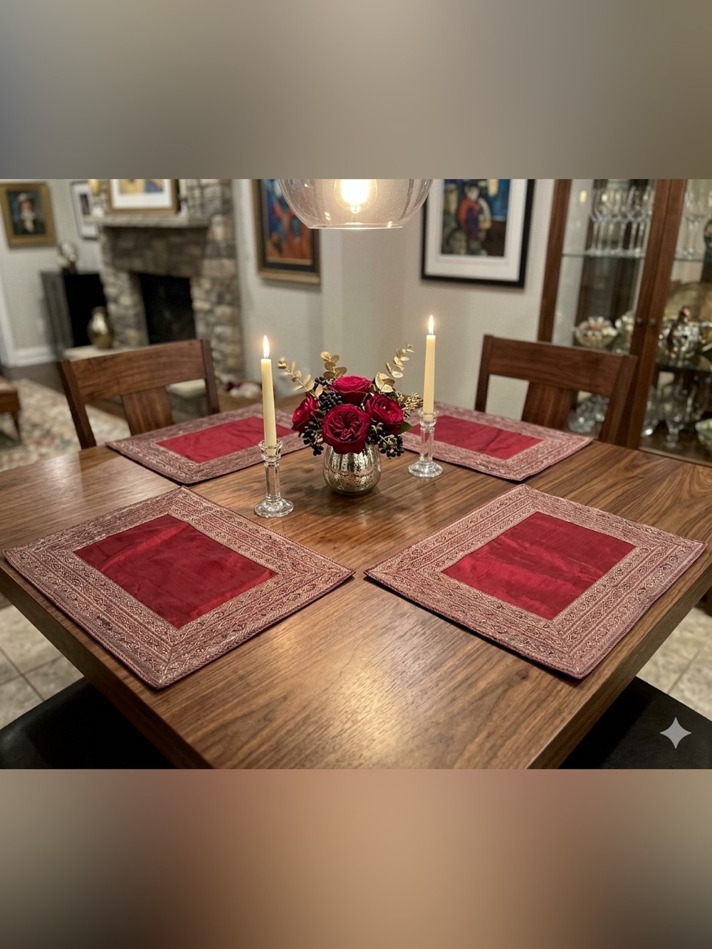 4 Crate & Barrel Renaissance Burgundy Placemats Embroidered Metallic 18x13